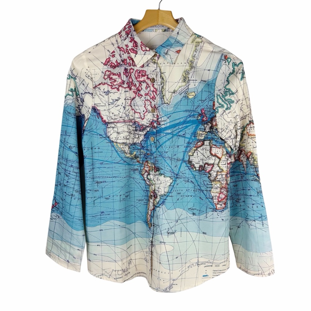 Misslook World Map Print Button Down Blouse Shirt Size Small